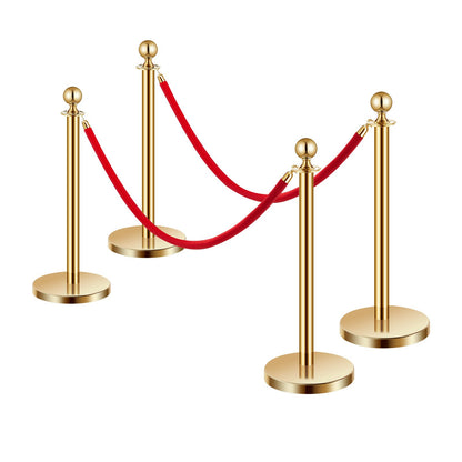 Stanchion Post, 4 Pcs Crowd Control Barrier Set with 2 Red Velvet Ropes, 5 ft Stainless Steel Gold Stanchion Post Queue with Sand Injection Hollow Base for Theater, Party, Wedding, Exhibition