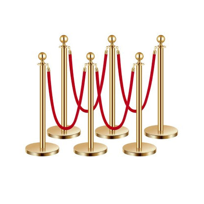Stanchions and Velvet Ropes 6Pcs, Hollow Base with Stainless Steel Post, 4 Red Velvet Ropes and Posts, Crowd Control Barriers Gold Stanchions, Red Carpet Runner Poles for Party Supplies