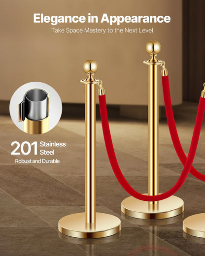 Stanchions and Velvet Ropes 6Pcs, Hollow Base with Stainless Steel Post, 4 Red Velvet Ropes and Posts, Crowd Control Barriers Gold Stanchions, Red Carpet Runner Poles for Party Supplies
