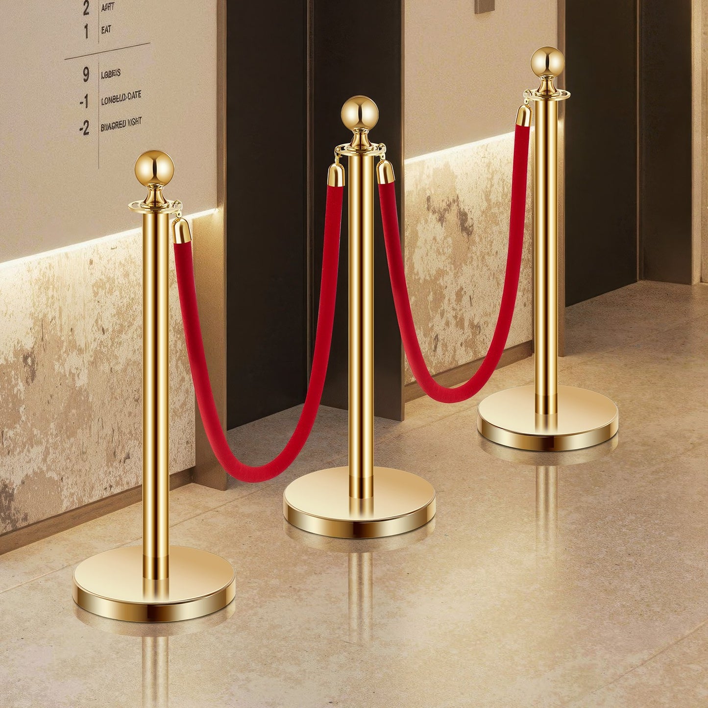 Stanchions and Velvet Ropes 6Pcs, Hollow Base with Stainless Steel Post, 4 Red Velvet Ropes and Posts, Crowd Control Barriers Gold Stanchions, Red Carpet Runner Poles for Party Supplies