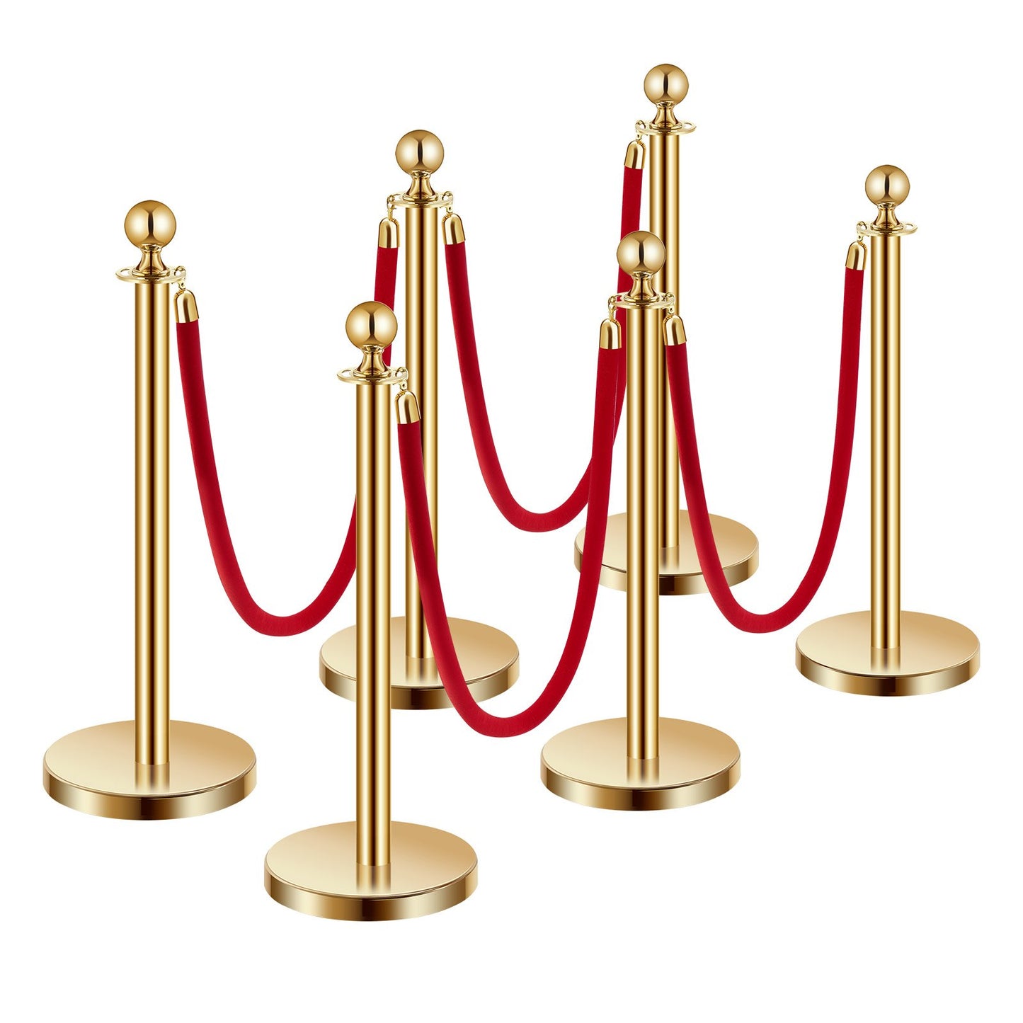 Stanchions and Velvet Ropes 6Pcs, Hollow Base with Stainless Steel Post, 4 Red Velvet Ropes and Posts, Crowd Control Barriers Gold Stanchions, Red Carpet Runner Poles for Party Supplies