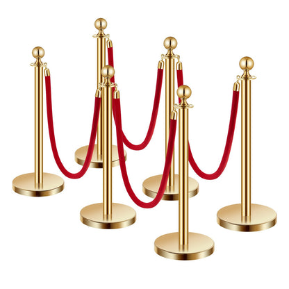 Stanchions and Velvet Ropes 6Pcs, Hollow Base with Stainless Steel Post, 4 Red Velvet Ropes and Posts, Crowd Control Barriers Gold Stanchions, Red Carpet Runner Poles for Party Supplies