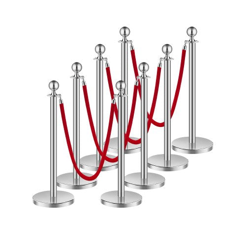 Stanchion Post, 8 Pcs Crowd Control Barrier Set with 4 Red Velvet Ropes, 5 ft Stainless Steel Silver Stanchion Post Queue with Sand Injection Hollow Base for Theater, Party, Wedding, Exhibition
