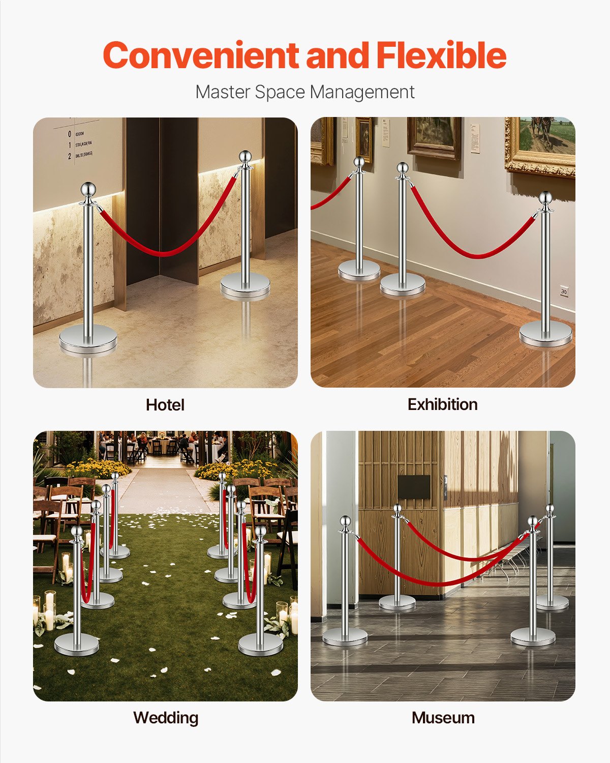 Stanchion Post, 8 Pcs Crowd Control Barrier Set with 4 Red Velvet Ropes, 5 ft Stainless Steel Silver Stanchion Post Queue with Sand Injection Hollow Base for Theater, Party, Wedding, Exhibition