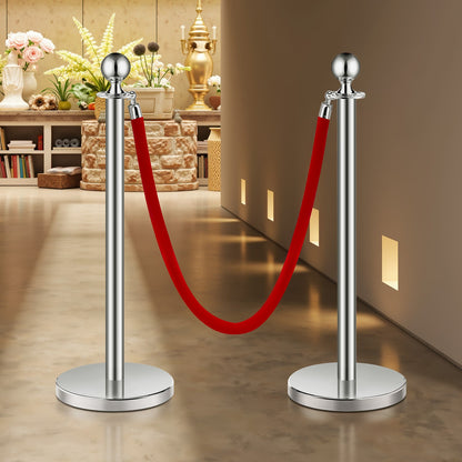 Stanchion Post, 8 Pcs Crowd Control Barrier Set with 4 Red Velvet Ropes, 5 ft Stainless Steel Silver Stanchion Post Queue with Sand Injection Hollow Base for Theater, Party, Wedding, Exhibition