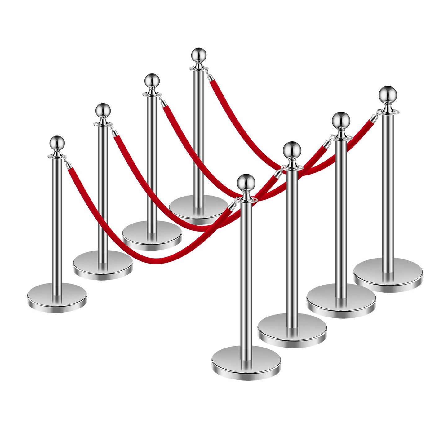 Stanchion Post, 8 Pcs Crowd Control Barrier Set with 4 Red Velvet Ropes, 5 ft Stainless Steel Silver Stanchion Post Queue with Sand Injection Hollow Base for Theater, Party, Wedding, Exhibition
