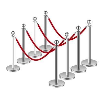 Stanchion Post, 8 Pcs Crowd Control Barrier Set with 4 Red Velvet Ropes, 5 ft Stainless Steel Silver Stanchion Post Queue with Sand Injection Hollow Base for Theater, Party, Wedding, Exhibition