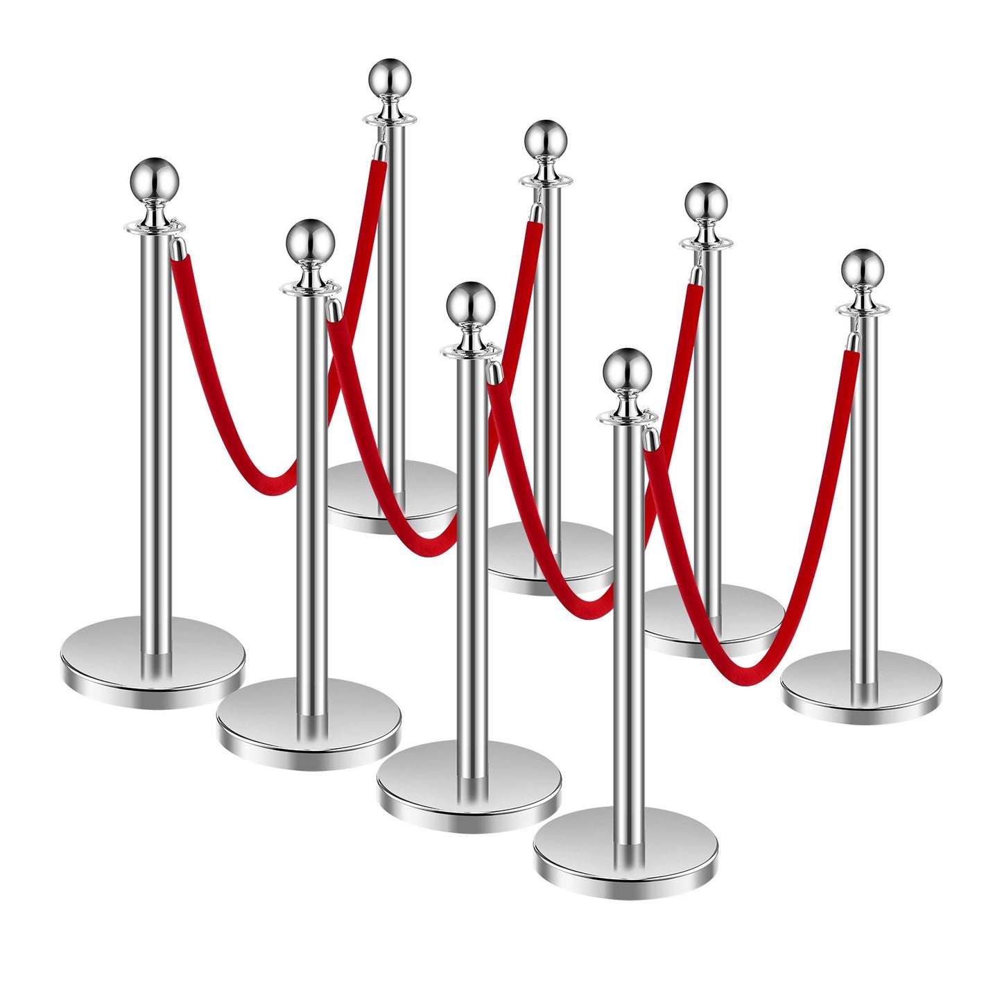 Stanchion Post, 8 Pcs Crowd Control Barrier Set with 4 Red Velvet Ropes, 5 ft Stainless Steel Silver Stanchion Post Queue with Sand Injection Hollow Base for Theater, Party, Wedding, Exhibition