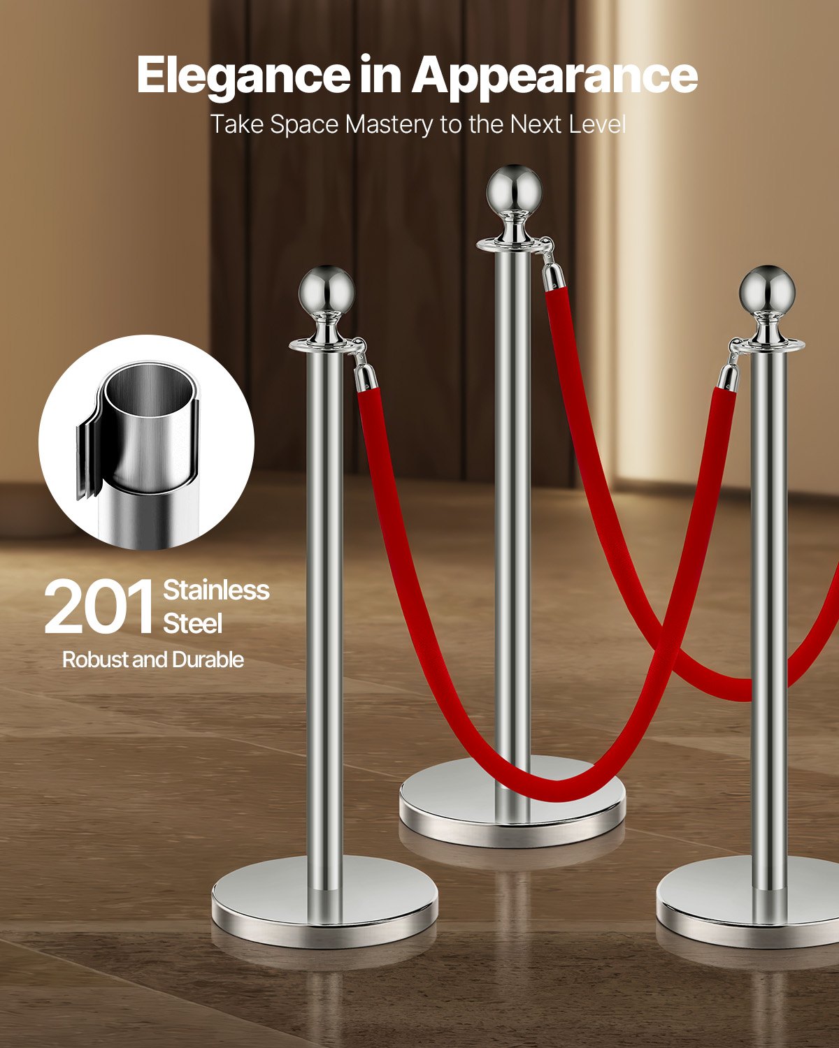 Stanchion Post, 4 Pcs Crowd Control Barrier Set with 2 Red Velvet Ropes, 5 ft Stainless Steel Silver Stanchion Post Queue with Sand Injection Hollow Base for Theater, Party, Wedding, Exhibition