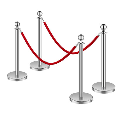 Stanchion Post, 4 Pcs Crowd Control Barrier Set with 2 Red Velvet Ropes, 5 ft Stainless Steel Silver Stanchion Post Queue with Sand Injection Hollow Base for Theater, Party, Wedding, Exhibition