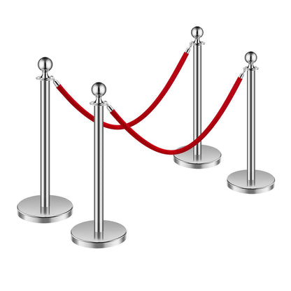 Stanchion Post, 4 Pcs Crowd Control Barrier Set with 2 Red Velvet Ropes, 5 ft Stainless Steel Silver Stanchion Post Queue with Sand Injection Hollow Base for Theater, Party, Wedding, Exhibition