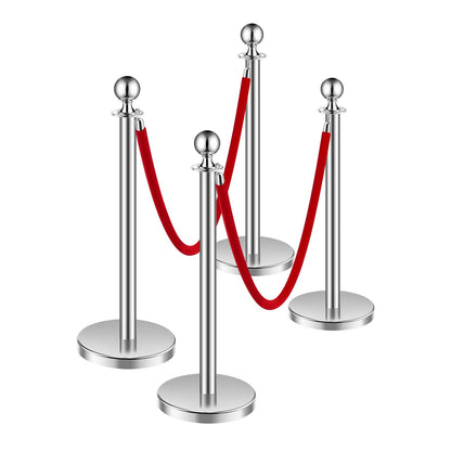 Stanchion Post, 4 Pcs Crowd Control Barrier Set with 2 Red Velvet Ropes, 5 ft Stainless Steel Silver Stanchion Post Queue with Sand Injection Hollow Base for Theater, Party, Wedding, Exhibition