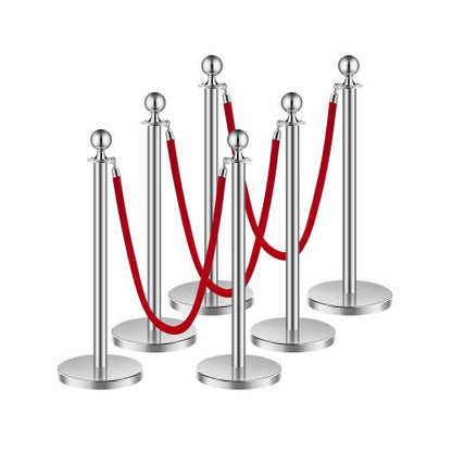 Stanchion Post, 6 Pcs Crowd Control Barrier Set with 3 Red Velvet Ropes, 5 ft Stainless Steel Silver Stanchion Post Queue with Sand Injection Hollow Base for Theater, Party, Wedding, Exhibition