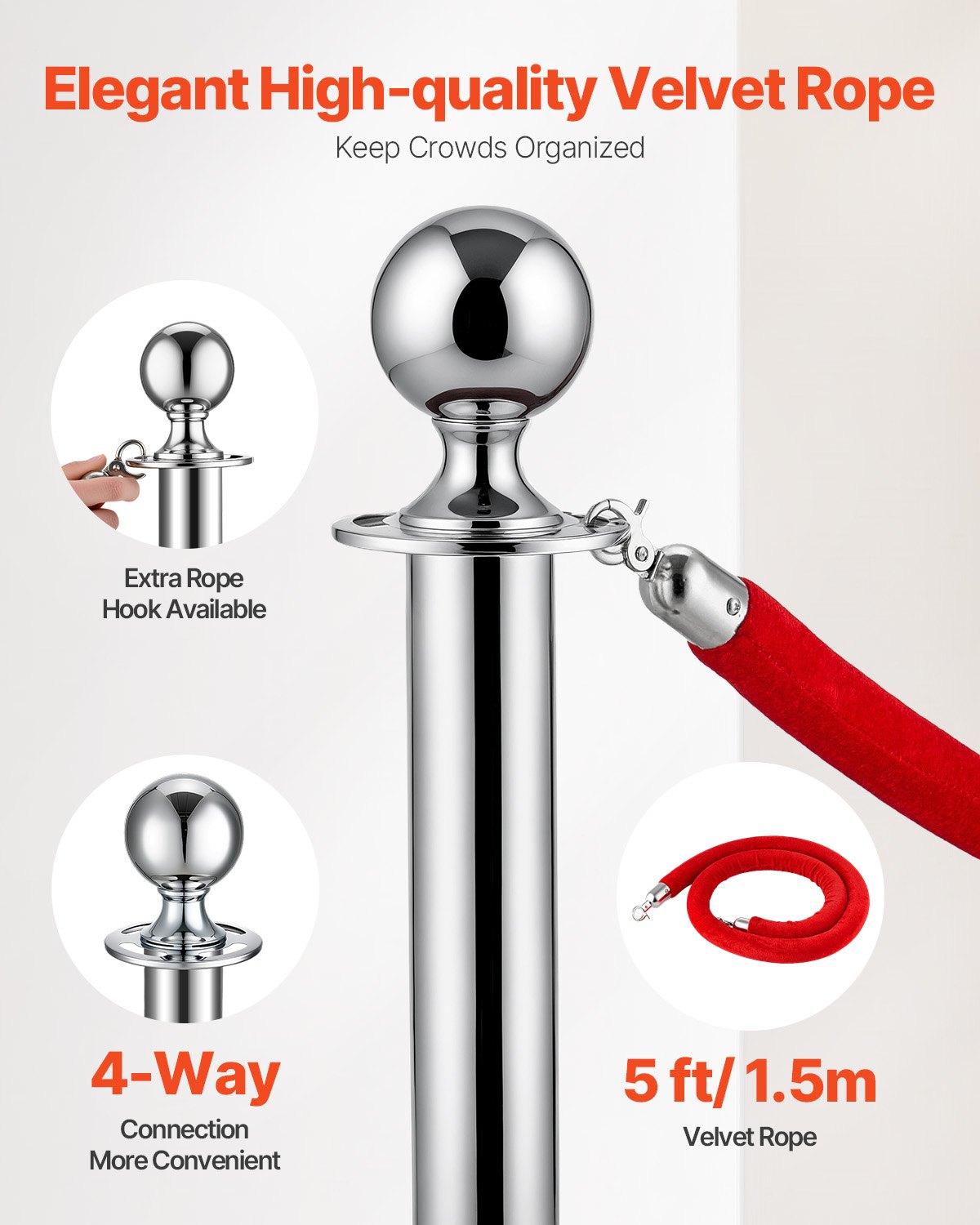 Stanchion Post, 6 Pcs Crowd Control Barrier Set with 3 Red Velvet Ropes, 5 ft Stainless Steel Silver Stanchion Post Queue with Sand Injection Hollow Base for Theater, Party, Wedding, Exhibition