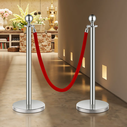 Stanchion Post, 6 Pcs Crowd Control Barrier Set with 3 Red Velvet Ropes, 5 ft Stainless Steel Silver Stanchion Post Queue with Sand Injection Hollow Base for Theater, Party, Wedding, Exhibition