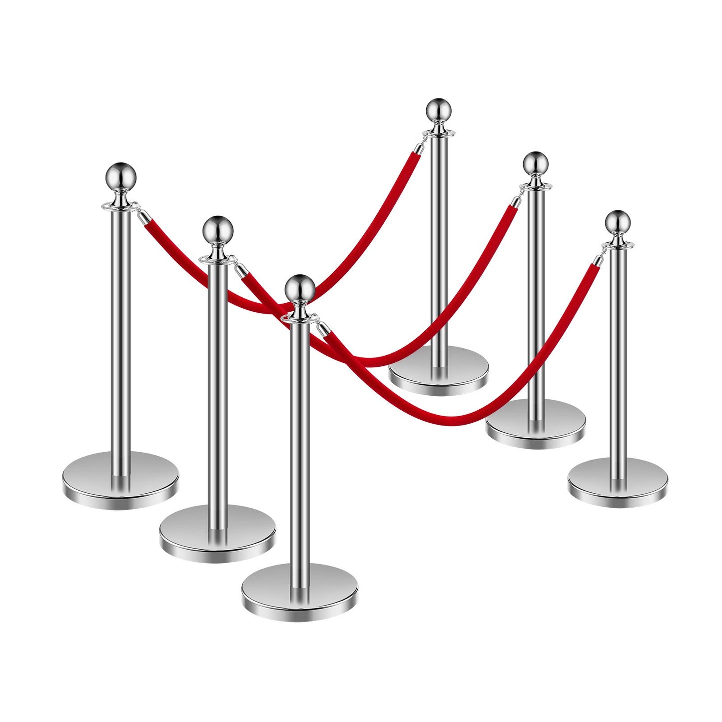 Stanchion Post, 6 Pcs Crowd Control Barrier Set with 3 Red Velvet Ropes, 5 ft Stainless Steel Silver Stanchion Post Queue with Sand Injection Hollow Base for Theater, Party, Wedding, Exhibition