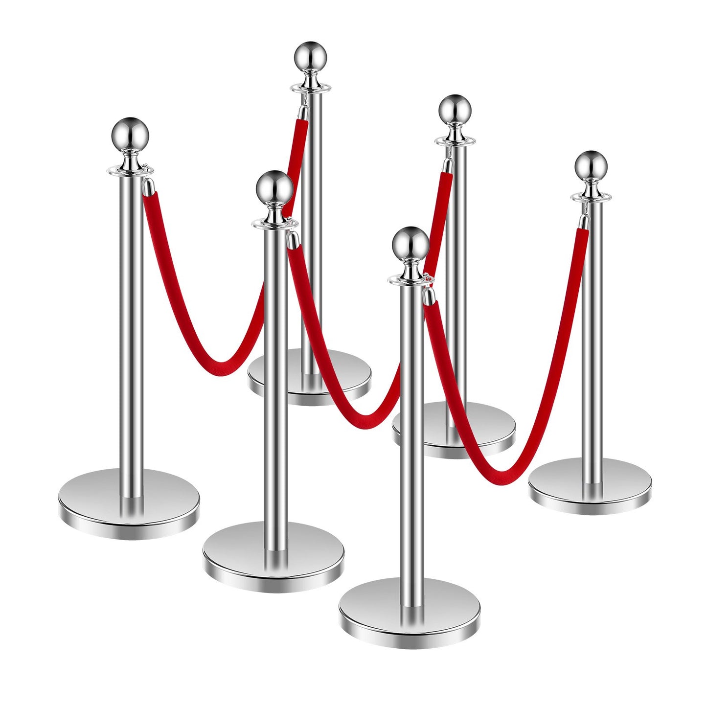 Stanchion Post, 6 Pcs Crowd Control Barrier Set with 3 Red Velvet Ropes, 5 ft Stainless Steel Silver Stanchion Post Queue with Sand Injection Hollow Base for Theater, Party, Wedding, Exhibition