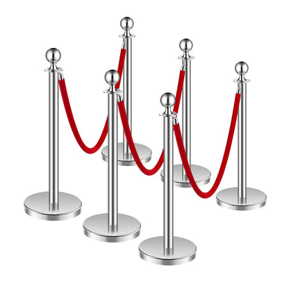 Stanchion Post, 6 Pcs Crowd Control Barrier Set with 3 Red Velvet Ropes, 5 ft Stainless Steel Silver Stanchion Post Queue with Sand Injection Hollow Base for Theater, Party, Wedding, Exhibition