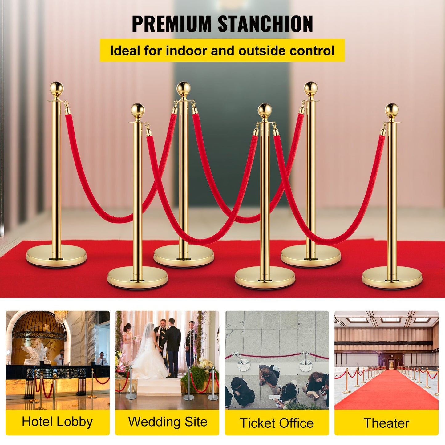 Stanchion Post with Velvet Rope, 6-Pack Crowd Control Stanchion with 4PCS 5FT Red Velvet Ropes, Stainless Steel Queue Barrier Line Divider with Ball Top for Events, Museums, Parties