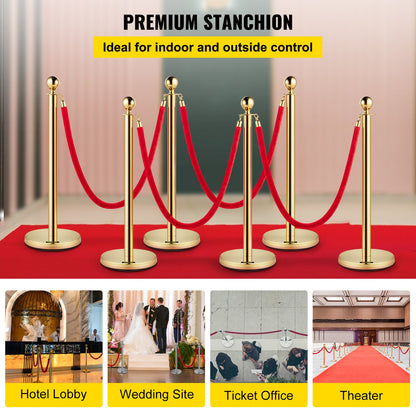 Stanchion Post with Velvet Rope, 6-Pack Crowd Control Stanchion with 4PCS 5FT Red Velvet Ropes, Stainless Steel Queue Barrier Line Divider with Ball Top for Events, Museums, Parties