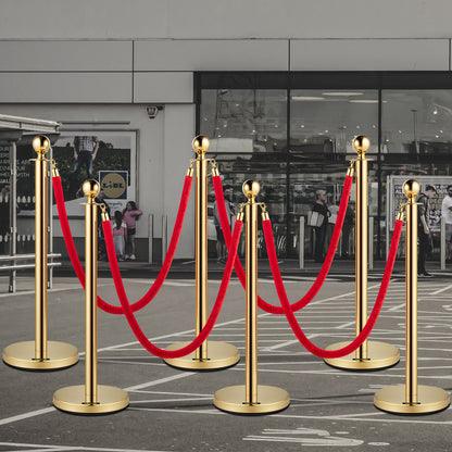Stanchion Post with Velvet Rope, 6-Pack Crowd Control Stanchion with 4PCS 5FT Red Velvet Ropes, Stainless Steel Queue Barrier Line Divider with Ball Top for Events, Museums, Parties