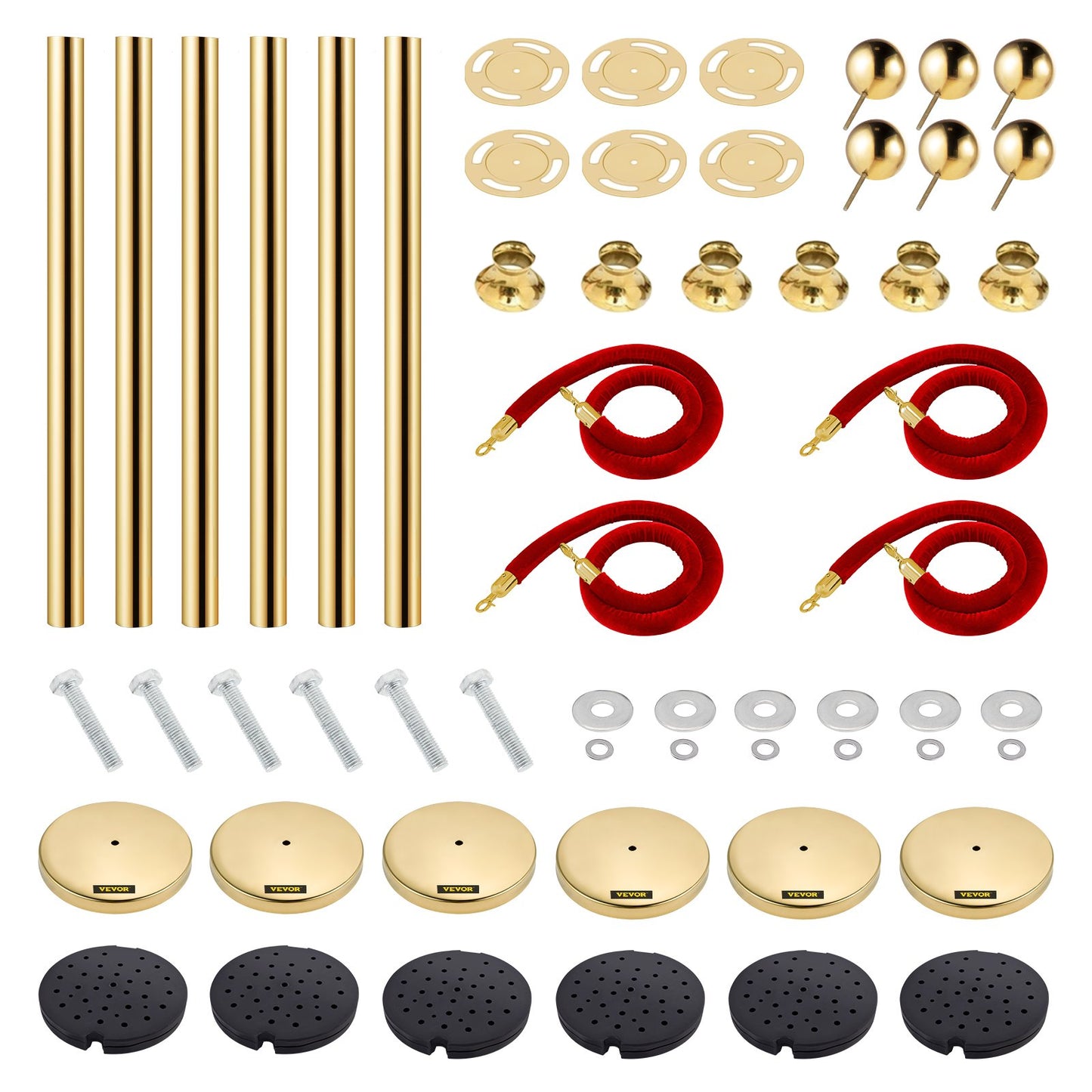 Stanchion Post with Velvet Rope, 6-Pack Crowd Control Stanchion with 4PCS 5FT Red Velvet Ropes, Stainless Steel Queue Barrier Line Divider with Ball Top for Events, Museums, Parties