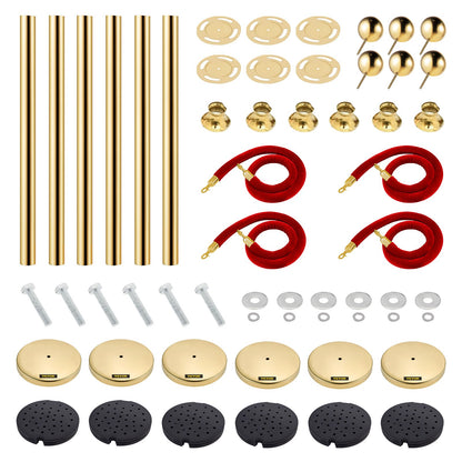 Stanchion Post with Velvet Rope, 6-Pack Crowd Control Stanchion with 4PCS 5FT Red Velvet Ropes, Stainless Steel Queue Barrier Line Divider with Ball Top for Events, Museums, Parties