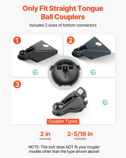 Trailer Lock, Fits 50.6 & 58.6 mm Straight Tongue Ball Couplers, Heavy Duty Hitch Lock with 3 Keys Secures Security Chains, Anti-Theft RV Trailer Tongue Locks for RV, Trailer, Boat
