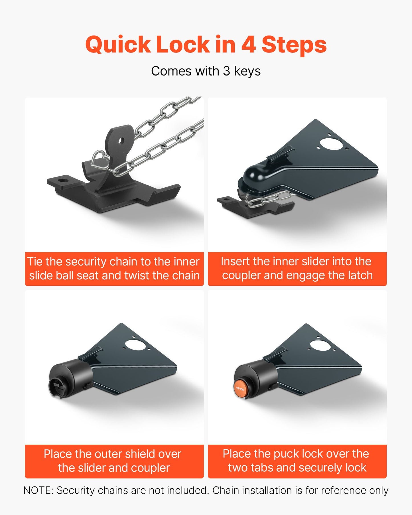 Trailer Lock, Fits 50.6 & 58.6 mm Straight Tongue Ball Couplers, Heavy Duty Hitch Lock with 3 Keys Secures Security Chains, Anti-Theft RV Trailer Tongue Locks for RV, Trailer, Boat