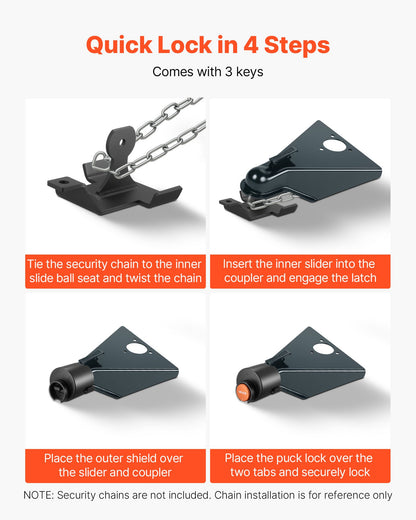 Trailer Lock, Fits 50.6 & 58.6 mm Straight Tongue Ball Couplers, Heavy Duty Hitch Lock with 3 Keys Secures Security Chains, Anti-Theft RV Trailer Tongue Locks for RV, Trailer, Boat