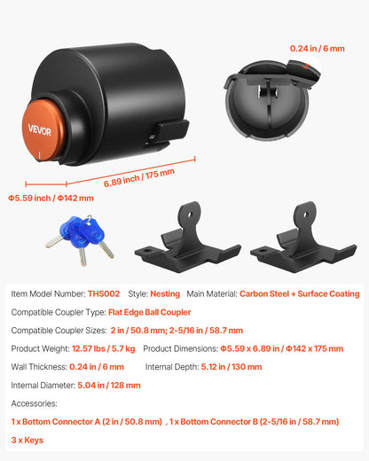 Trailer Lock, Fits 50.6 & 58.6 mm Straight Tongue Ball Couplers, Heavy Duty Hitch Lock with 3 Keys Secures Security Chains, Anti-Theft RV Trailer Tongue Locks for RV, Trailer, Boat