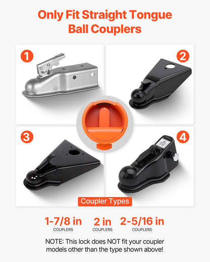Trailer Lock, Fits 47.5, 50.6 & 58.6 mm Straight Tongue Ball Couplers, Heavy Duty Hitch Lock with 4 Keys Secures Security Chains, Anti-Theft RV Trailer Locks for RV, Trailer, Boat