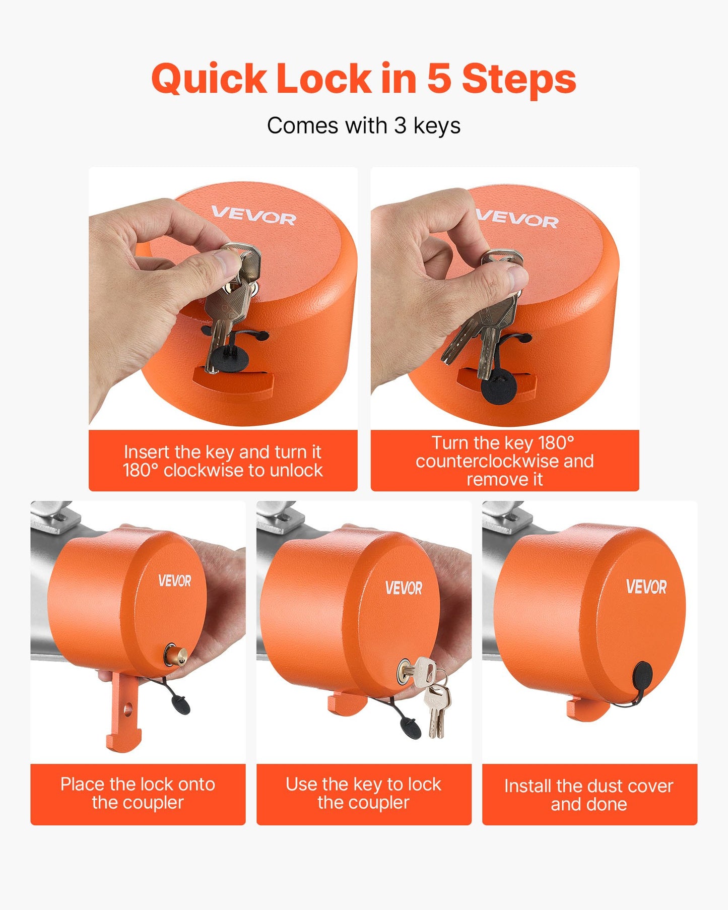 Trailer Lock, Fits 47.5, 50.6 & 58.6 mm Straight Tongue Ball Couplers, Heavy Duty Hitch Lock with 4 Keys Secures Security Chains, Anti-Theft RV Trailer Locks for RV, Trailer, Boat