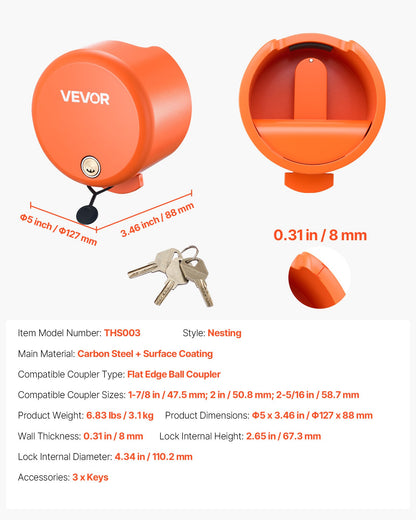 Trailer Lock, Fits 47.5, 50.6 & 58.6 mm Straight Tongue Ball Couplers, Heavy Duty Hitch Lock with 4 Keys Secures Security Chains, Anti-Theft RV Trailer Locks for RV, Trailer, Boat