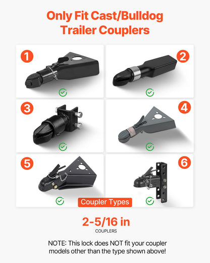 Trailer Coupler Lock, Fits 58.6 mm Cast/Bulldog Trailer Couplers, Heavy Duty Trailer Hitch Lock with 3 Keys, Corrision-resistant, Anti-Theft Coupler Ball Locks for RV, Trailer, Boat, Black
