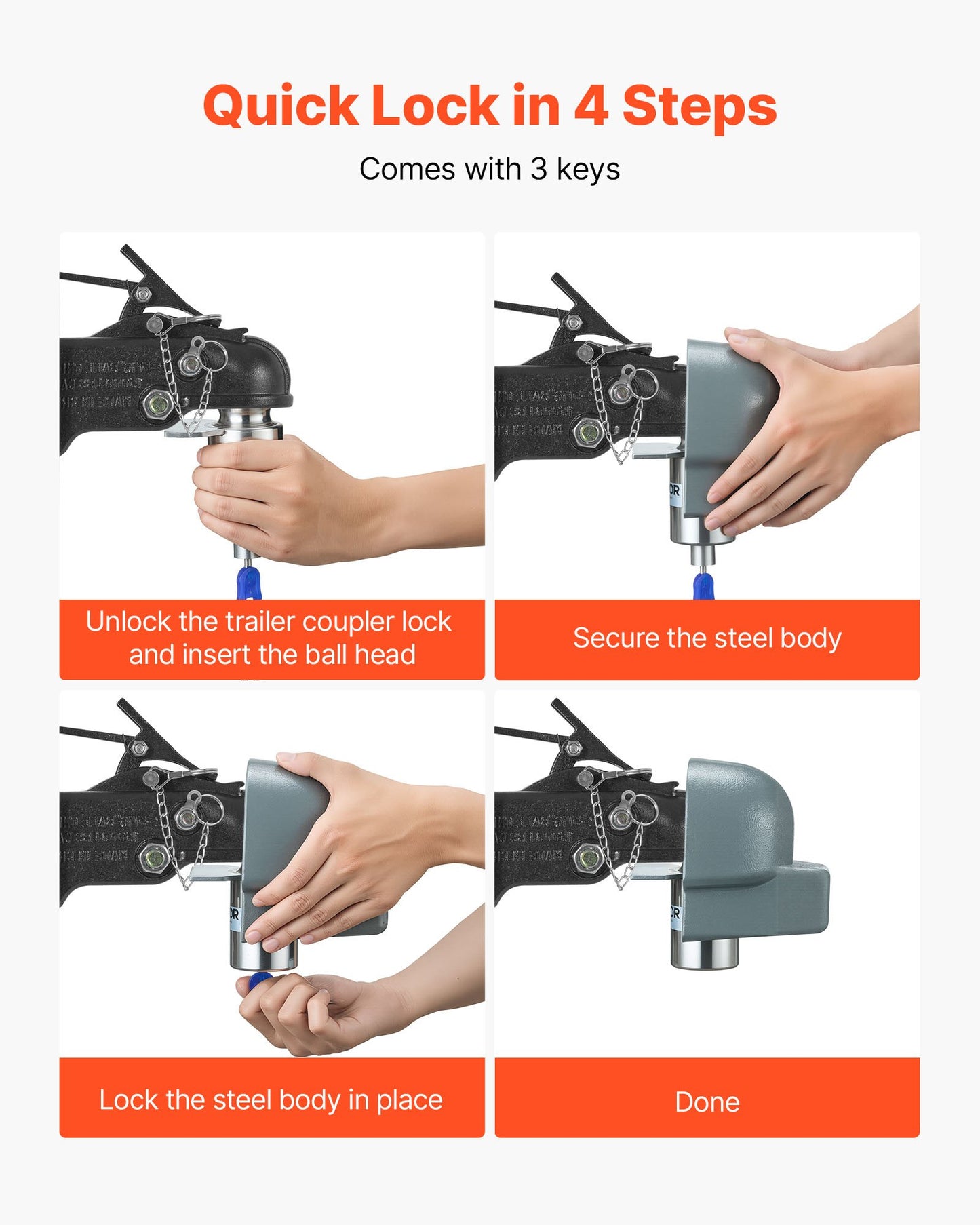 Trailer Coupler Lock, Fits 58.6 mm Cast/Bulldog Trailer Couplers, Heavy Duty Trailer Hitch Lock with 3 Keys, Corrision-resistant, Anti-Theft Coupler Ball Locks for RV, Trailer, Boat, Black