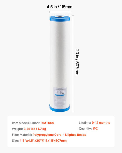 Ersatzkartusche für Hauswasserfilter, 11 x 51 cm (4,5" x 20") Polyphosphat-Kalkschutzfilter für Hauswasserfiltersysteme, reduziert Chlor, Geschmack und Geruch, beugt Korrosion vor