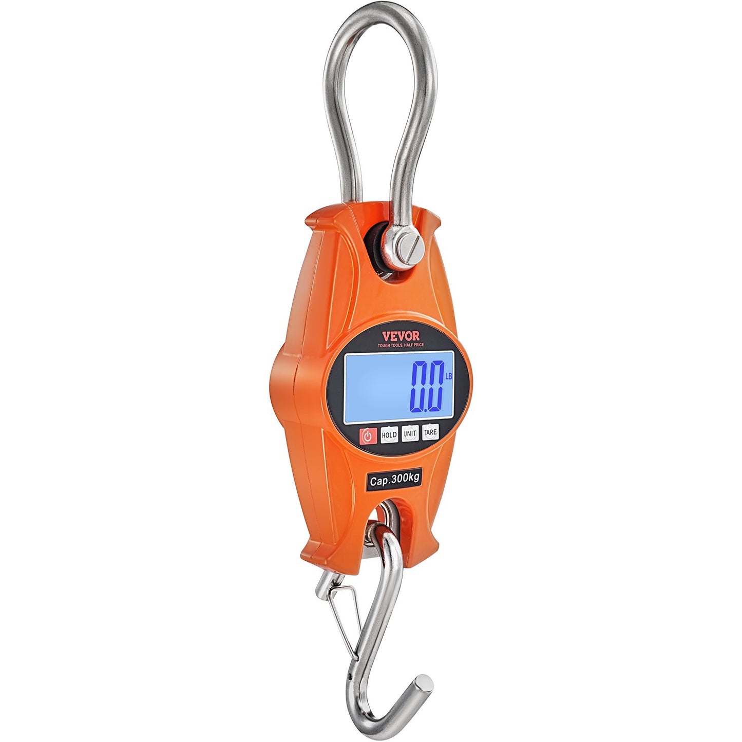 Digital Crane Scale, 660 lbs/300 kg, Industrial Heavy Duty Hanging Scale with Cast Aluminum Case & LCD Screen, Handheld Mini Crane with Hooks for Farm, Hunting, Fishing, Outdoor, Garage (Orange)