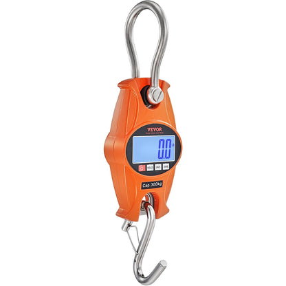 Digital Crane Scale, 660 lbs/300 kg, Industrial Heavy Duty Hanging Scale with Cast Aluminum Case & LCD Screen, Handheld Mini Crane with Hooks for Farm, Hunting, Fishing, Outdoor, Garage (Orange)