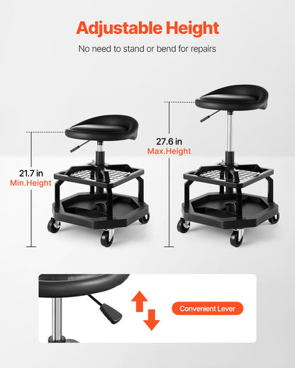 Rolling Shop Stool, Pneumatic Garage Seat/Work Stool with 300 lbs Capacity, Adjustable Height Roller Creeper Seat, 360° Swivel Padded Workshop Stool with Casters, for Garage, Shop & Auto Repair