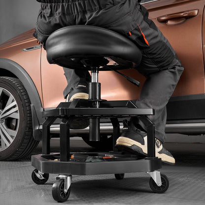 Rolling Shop Stool, Pneumatic Garage Seat/Work Stool with 300 lbs Capacity, Adjustable Height Roller Creeper Seat, 360° Swivel Padded Workshop Stool with Casters, for Garage, Shop & Auto Repair