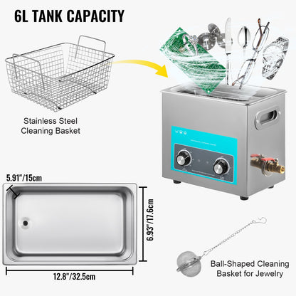 6.5L Ultrasonic Cleaner Jewelry Cleaner with Heater Timer for Jewelry Cleaning Knob Control Eyeglass Rings Dentures Music Instruments