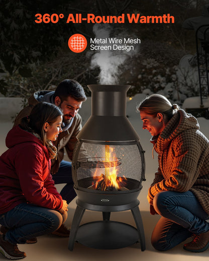 Chiminea, 22 Inch Outdoor Wood Burning Firepit, Iron Spherical Fireplace for BBQ & Warming, Wooden Fire Pit with Grill Mesh, Chimney Coat & Rustproof Chiminea Lid, for Patio, Garden, Backyard
