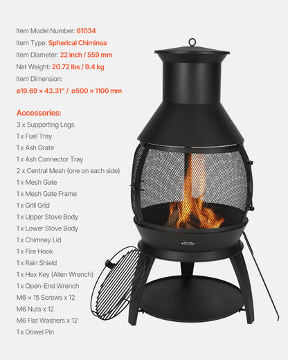 Chiminea, 22 Inch Outdoor Wood Burning Firepit, Iron Spherical Fireplace for BBQ & Warming, Wooden Fire Pit with Grill Mesh, Chimney Coat & Rustproof Chiminea Lid, for Patio, Garden, Backyard