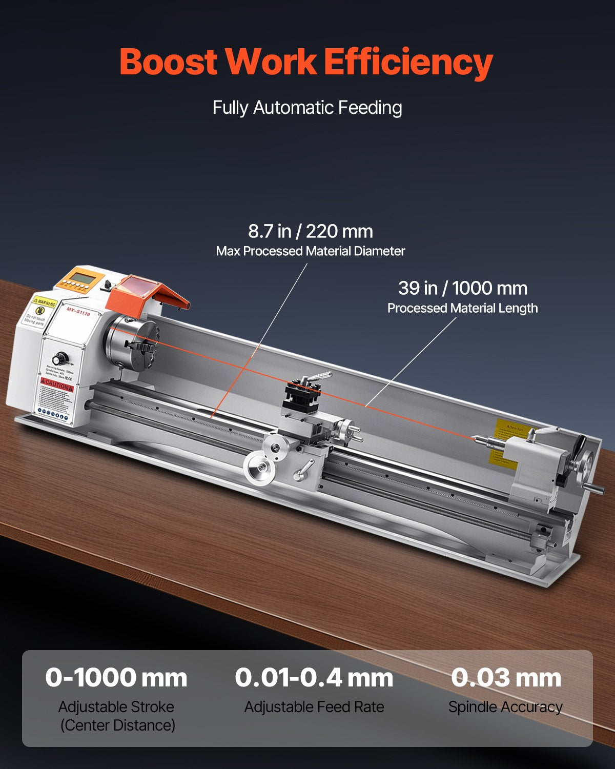 Metal Lathe Machine, 220 x 1000 mm(8.7 x 39 in), Precision Bench Power Metal Lathe, Automatic Feed, 0-2500 RPM Variable Speed, 1250W Brushless Motor, for Processing Precision Parts Soft Metals Wood Plastics