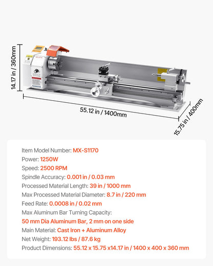 Metal Lathe Machine, 220 x 1000 mm(8.7 x 39 in), Precision Bench Power Metal Lathe, Automatic Feed, 0-2500 RPM Variable Speed, 1250W Brushless Motor, for Processing Precision Parts Soft Metals Wood Plastics