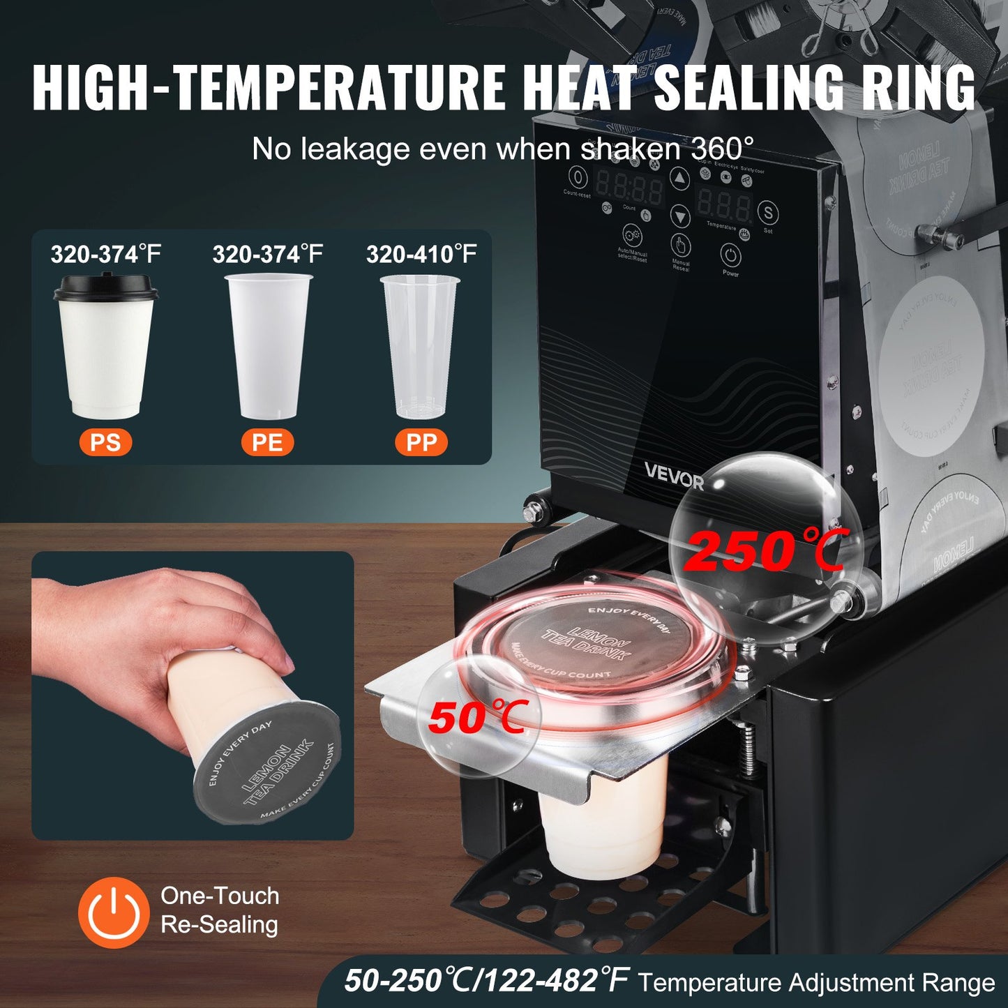 Vollautomatische Becherversiegelungsmaschine, 500–650 Becher/h, geeignet für Becher bis 190 mm Höhe und 90/95 mm Durchmesser, elektrische Boba-Tee-Versiegelungsmaschine mit digitalem LCD-Bedienfeld für Bubble Tea, Schwarz