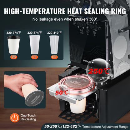 Vollautomatische Becherversiegelungsmaschine, 500–650 Becher/h, geeignet für Becher bis 190 mm Höhe und 90/95 mm Durchmesser, elektrische Boba-Tee-Versiegelungsmaschine mit digitalem LCD-Bedienfeld für Bubble Tea, Schwarz