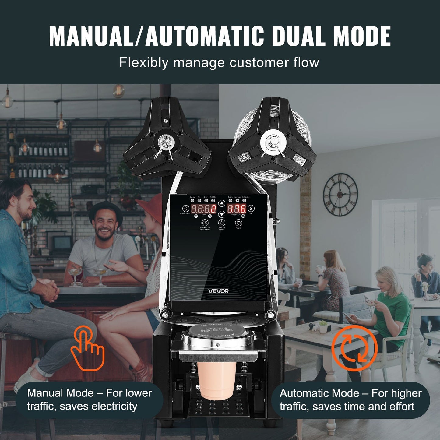 Vollautomatische Becherversiegelungsmaschine, 500–650 Becher/h, geeignet für Becher bis 190 mm Höhe und 90/95 mm Durchmesser, elektrische Boba-Tee-Versiegelungsmaschine mit digitalem LCD-Bedienfeld für Bubble Tea, Schwarz