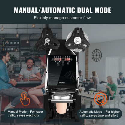Vollautomatische Becherversiegelungsmaschine, 500–650 Becher/h, geeignet für Becher bis 190 mm Höhe und 90/95 mm Durchmesser, elektrische Boba-Tee-Versiegelungsmaschine mit digitalem LCD-Bedienfeld für Bubble Tea, Schwarz